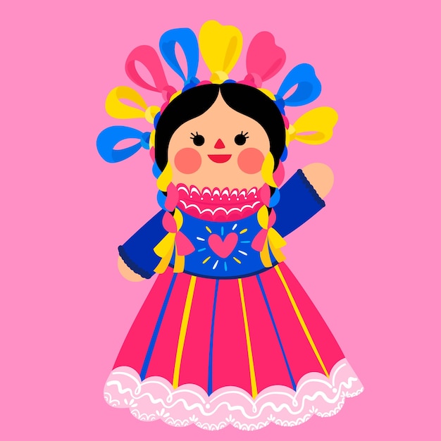 Vector ilustración de muñeca mexicana dibujada a mano