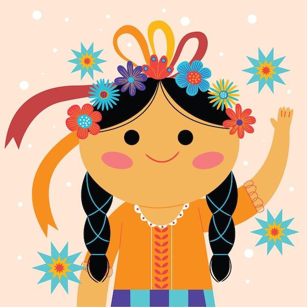 Vector ilustración de muñeca mexicana dibujada a mano