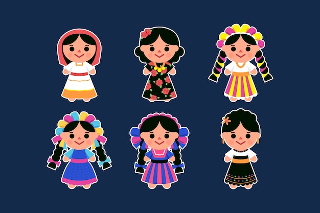 Vector ilustración de muñeca mexicana dibujada a mano