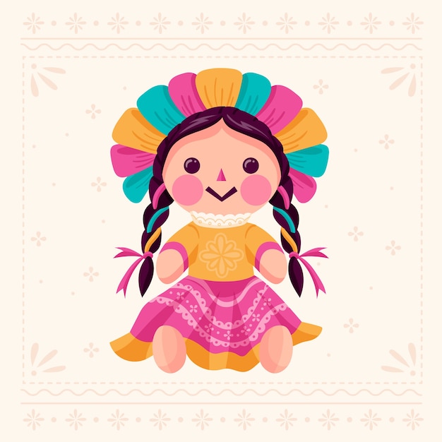 Vector ilustración de muñeca mexicana dibujada a mano