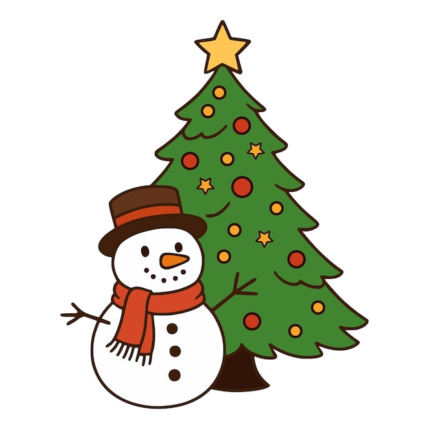 Ilustración del muñeco de nieve y el árbol de Navidad con decoraciones festivas de vacaciones de invierno
