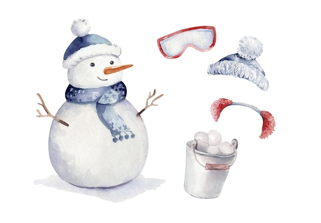 Ilustración de muñeco de nieve de dibujos animados lindo acuarela Feliz Navidad y feliz año nuevo
