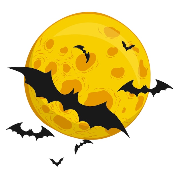 Ilustración de murciélagos de Halloween volando con la luna llena