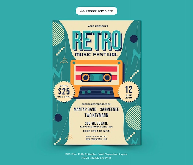 Ilustración de música de casete retro vintage Plantilla de póster del festival de música azul cian