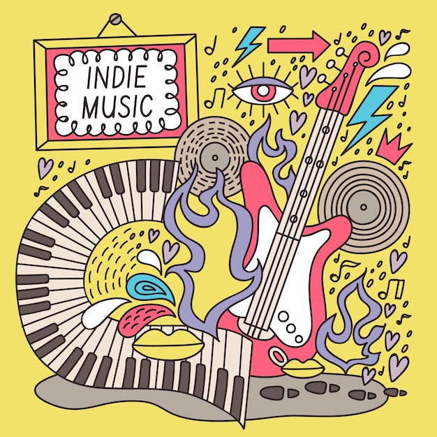 Vector ilustración de música indie dibujada a mano