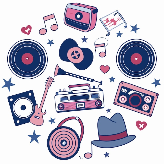 Ilustración de música retro con varios instrumentos musicales