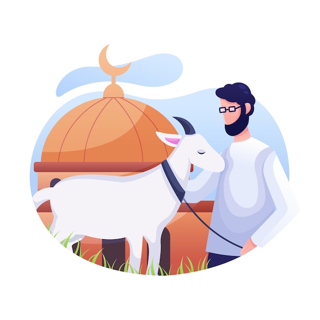 Ilustración de un musulmán y junto a él hay una cabra o una oveja para el sacrificio, eid al-adha