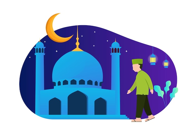 ilustración de un musulmán que trae lámpara y camina a la mezquita