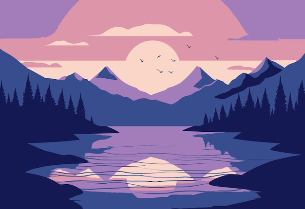 Ilustración de la naturaleza colorida acuarela paisaje horizontal de luz solar