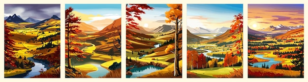 Ilustración de la naturaleza otoño bosque de montaña selva paisaje de fondo en vector plano