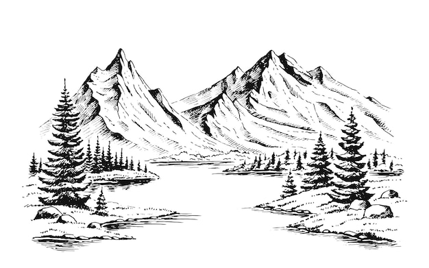 Ilustración de naturaleza vector dibujado a mano con montañas y bosque.