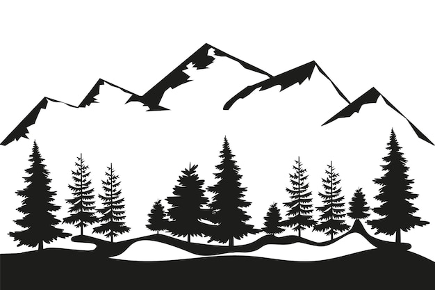 Vector ilustración de naturaleza vectorial dibujada a mano con montañas y bosques en el paisaje de silueta de primera vista que se usa para viajes y fondo y tarjeta de naturaleza