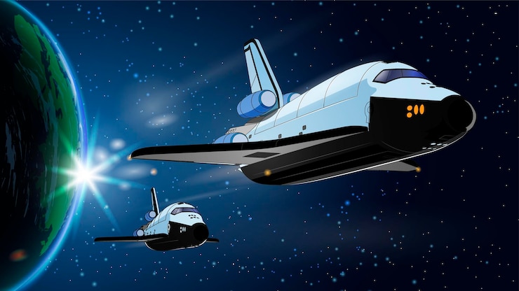 Vector ilustración con nave espacial, transbordador espacial en el espacio con la tierra. programa de historia espacial, exploración humana del espacio cercano. cuadro con nave espacial voladora modelo 3d. aislado.