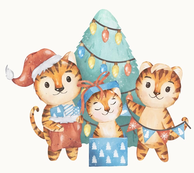 Ilustración de Navidad y año nuevo 2022 Diseño de vector de acuarela de familia feliz tigre