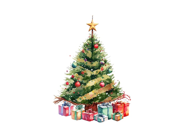 Ilustración de Navidad y Año Nuevo con árbol de Navidad decorado con acuarela con caja de regalos