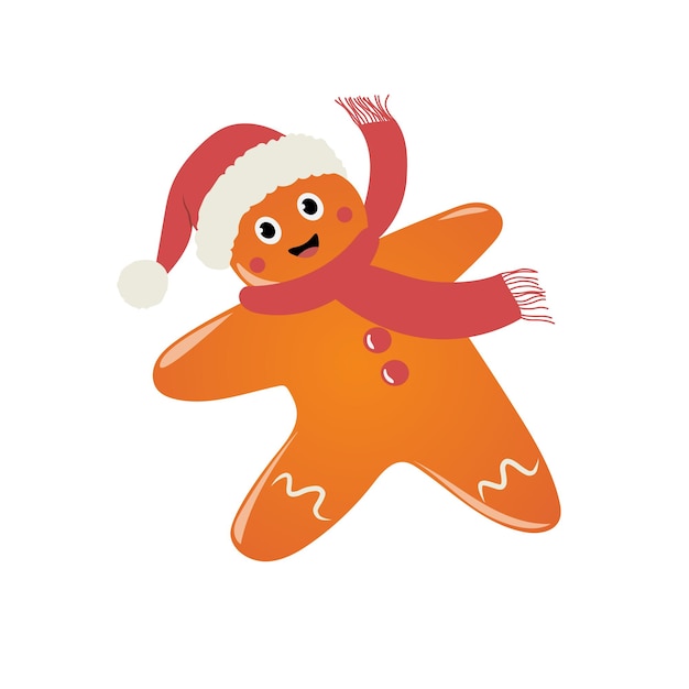 Vector ilustración de navidad y año nuevo con hombre de jengibre feliz con sombrero de santa claus