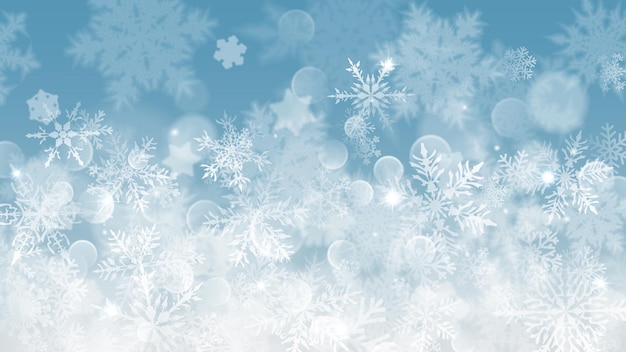 Ilustración de Navidad con copos de nieve borrosos blancos, reflejos y destellos sobre fondo azul claro