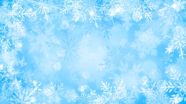 Ilustración de Navidad con copos de nieve borrosos blancos, reflejos y destellos sobre fondo azul claro