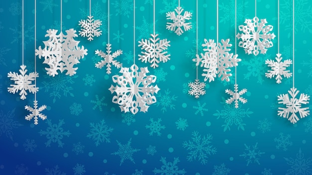 Ilustración de Navidad con copos de nieve de papel tridimensional blanco colgando sobre fondo azul claro