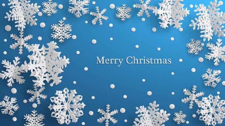 Vector ilustración de navidad con copos de nieve de papel tridimensional blanco sobre fondo azul claro