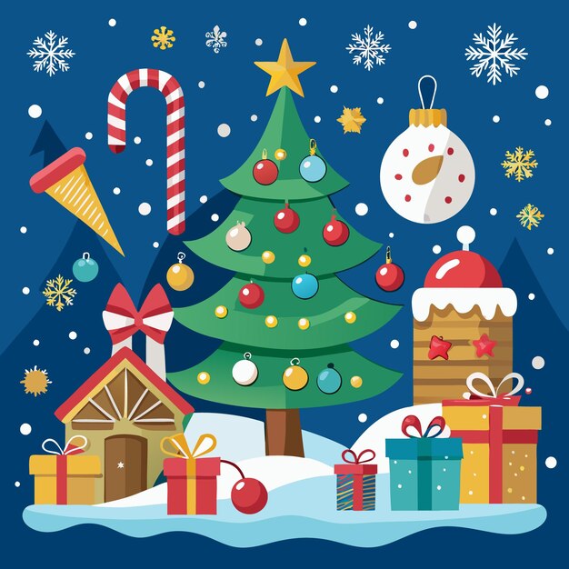 Una ilustración de Navidad de diseño plano con un árbol de Navidad decorado regala un bastón de caramelo y una casa con nieve cayendo