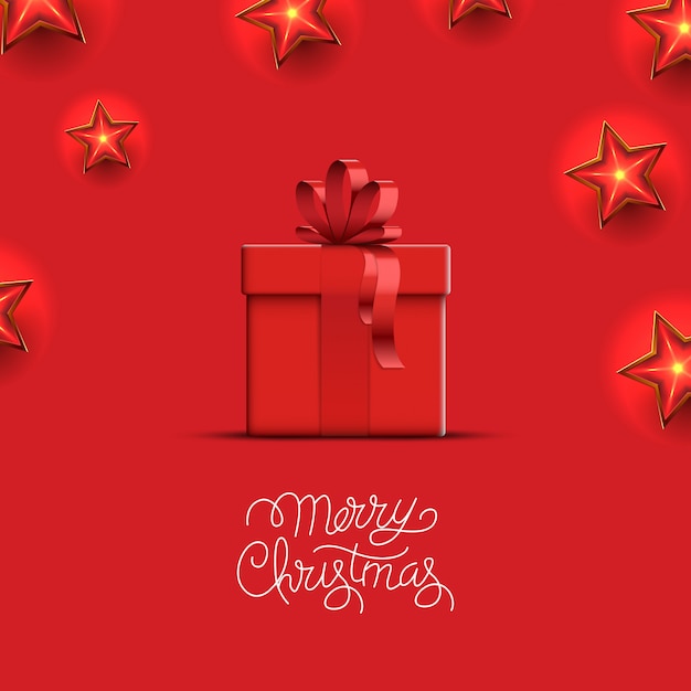 Ilustración de Navidad con estrellas rojas y caja de regalo con lazo de cinta
