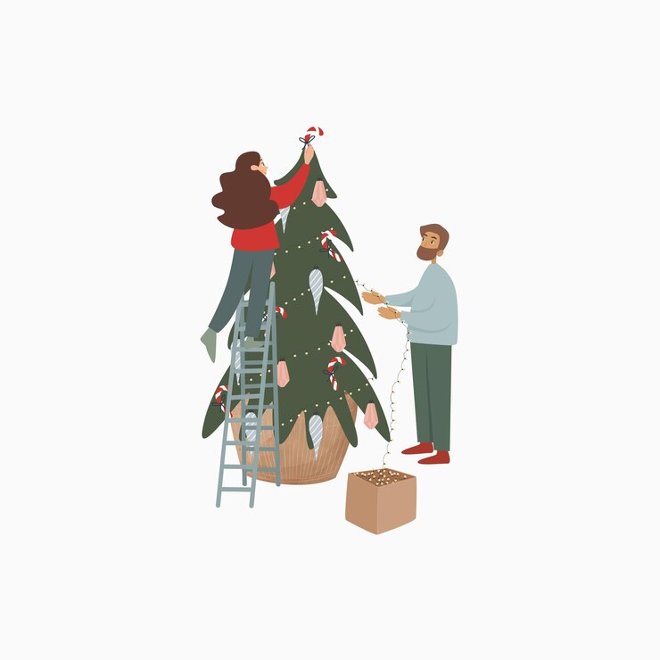 Vector ilustración de navidad la familia decora el árbol de navidad con guirnaldas de navidad año nuevo