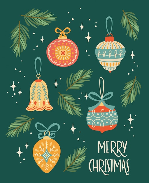 Ilustración de Navidad y feliz año nuevo con adornos navideños. Estilo retro de moda.