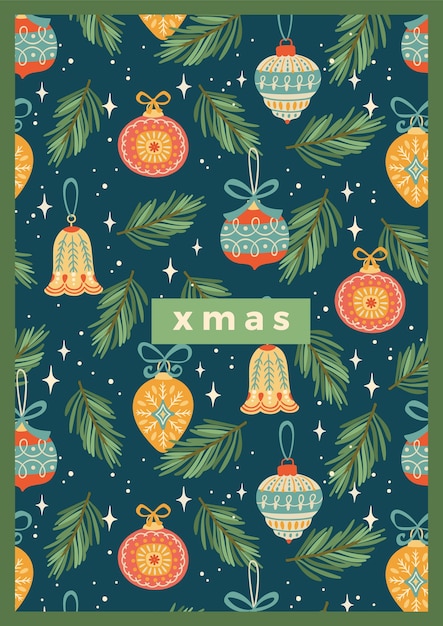 Ilustración de Navidad y feliz año nuevo con adornos navideños.