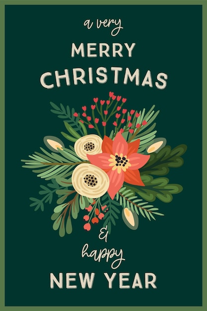 Ilustración de navidad y feliz año nuevo con arreglos florales.