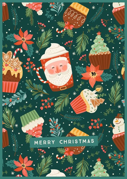 Ilustración de Navidad y feliz año nuevo con dulces navideños y bebida. Estilo retro de moda. Plantilla de diseño vectorial.