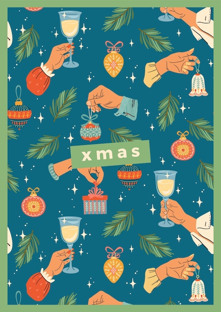 Ilustración de navidad y feliz año nuevo con manos masculinas y femeninas. estilo retro de moda.