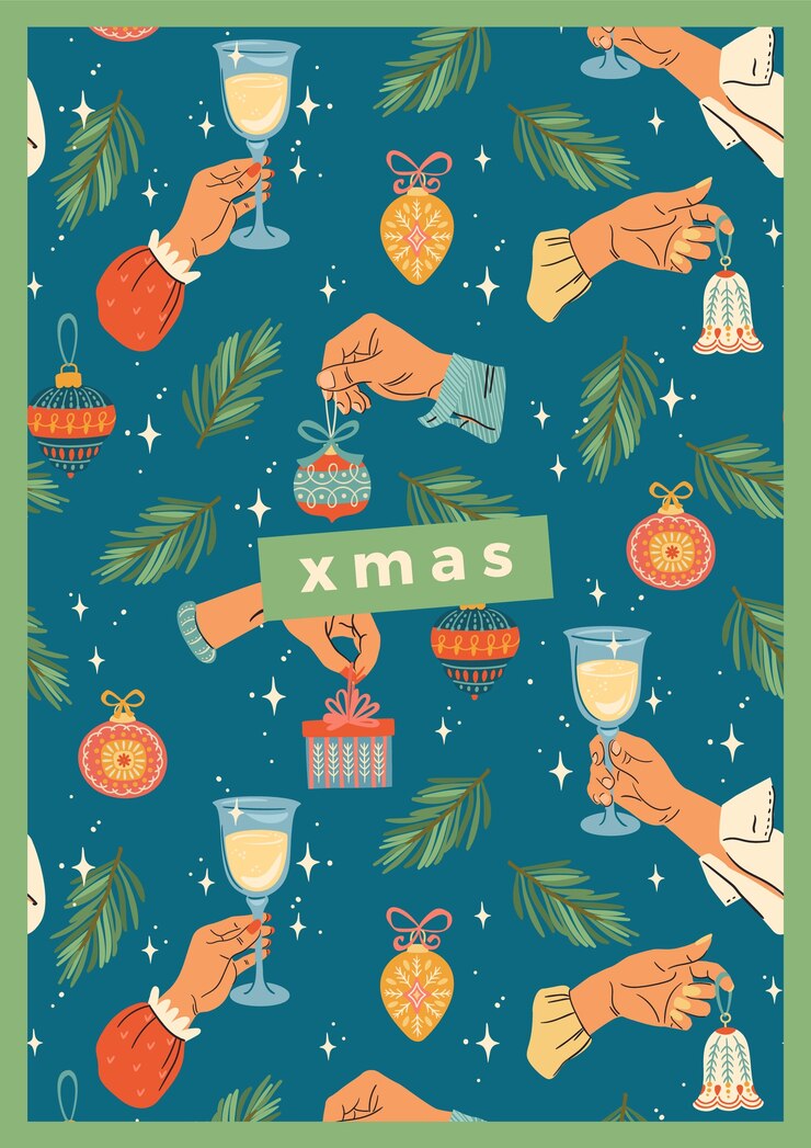 Vector ilustración de navidad y feliz año nuevo con manos masculinas y femeninas. estilo retro de moda.