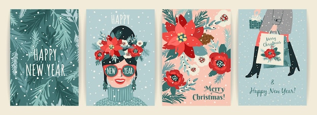 Ilustración de Navidad y Feliz Año Nuevo para tarjetas y otro uso Moderno estilo retro plantillas de diseño vectorial