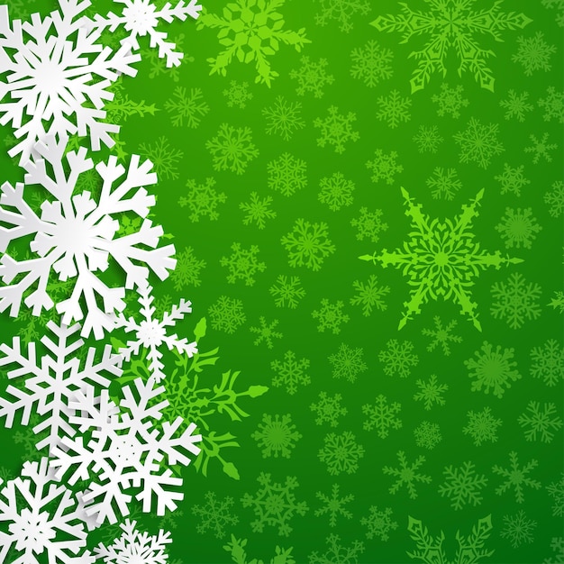 Ilustración de navidad con grandes copos de nieve blancos con sombras sobre fondo verde