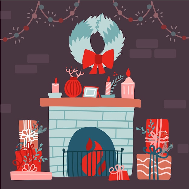 Vector ilustración de una navidad, habitación decorada con pared de ladrillo, chimenea, corona de flores, cajas de regalo. interior festivo de navidad. ilustración plana.