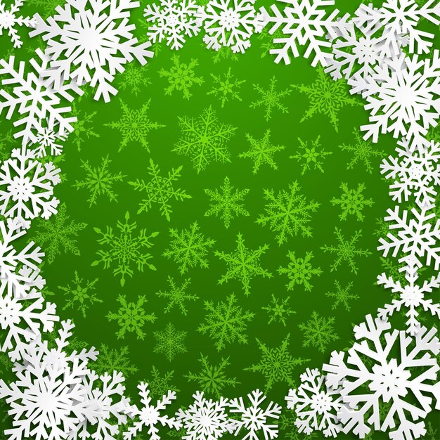 Ilustración de Navidad con marco de círculo de copos de nieve blancas sobre fondo verde