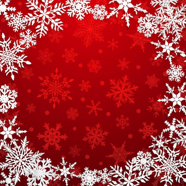 Ilustración de Navidad con marco de círculo de grandes copos de nieve blancos con sombras sobre fondo rojo.