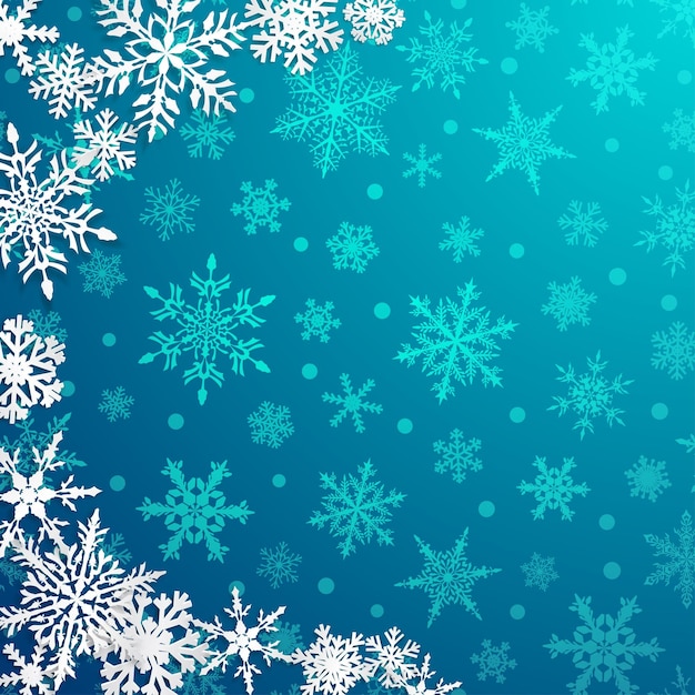 Ilustración de navidad con semicírculo de grandes copos de nieve blancos con sombras sobre fondo azul claro