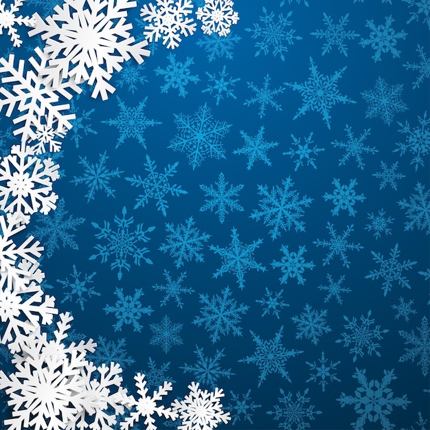 Ilustración de Navidad con semicírculo de grandes copos de nieve blancos con sombras sobre fondo azul.