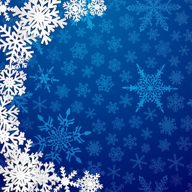 Ilustración de navidad con semicírculo de grandes copos de nieve blancos con sombras sobre fondo azul.