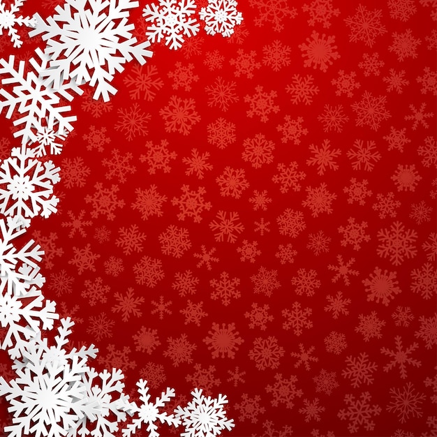 Ilustración de navidad con semicírculo de grandes copos de nieve blancos con sombras sobre fondo rojo.