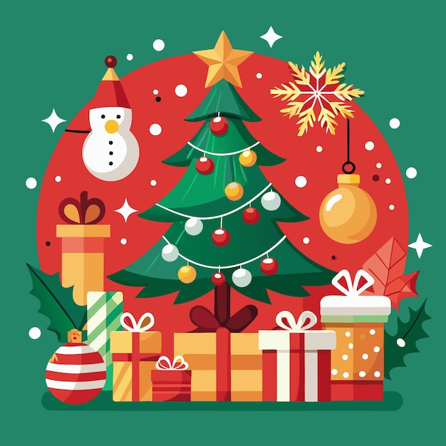 Ilustración navideña con un árbol decorado con regalos y adornos sobre un fondo verde