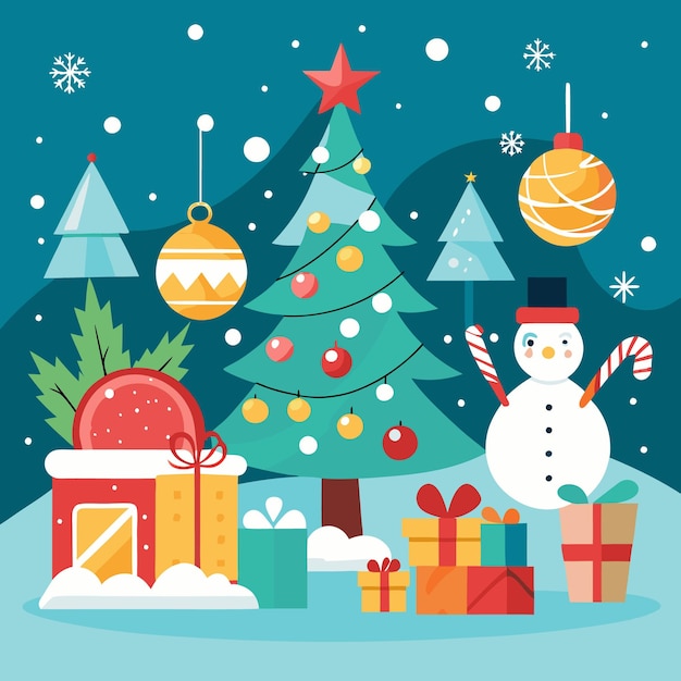 Una ilustración navideña con un árbol de Navidad decorado regalos muñeco de nieve y paisaje nevado