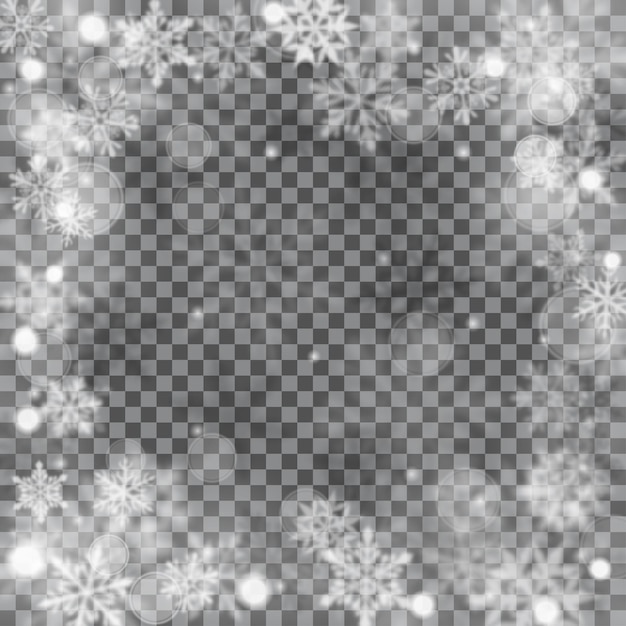Ilustración navideña borrosa de complejos copos de nieve grandes y pequeños desenfocados que caen en colores blanco y gris con efecto bokeh sobre fondo transparente