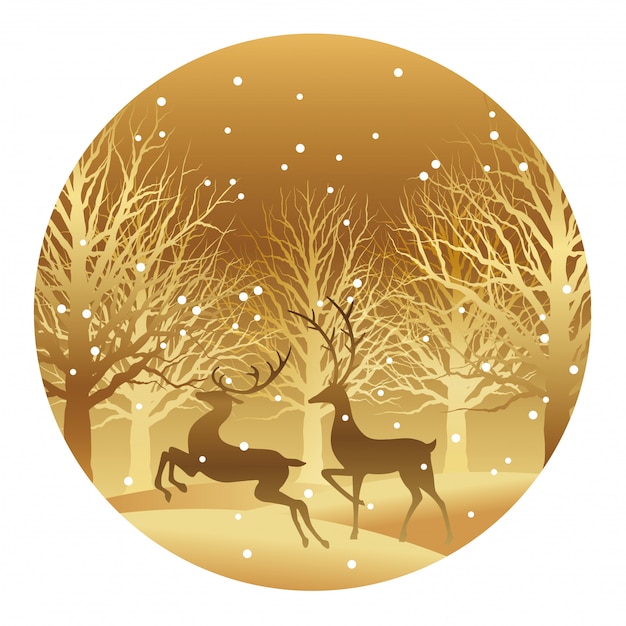 Ilustración navideña con bosque y reno.