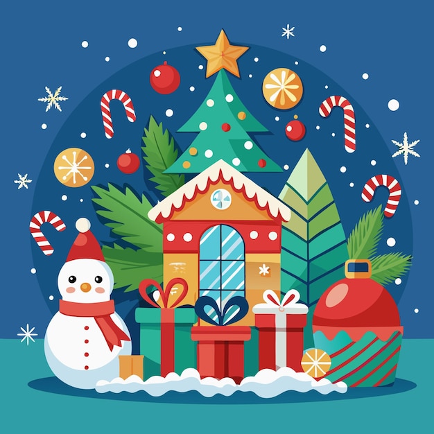 Ilustración navideña con la casa de pan de jengibre del muñeco de nieve y el árbol de Navidad