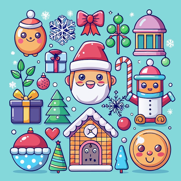 Ilustración navideña colorida con regalos de muñeco de nieve de Papá Noel y otros elementos festivos