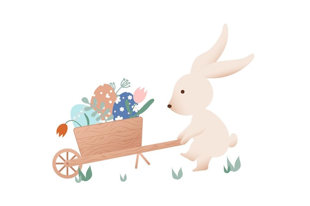 Vector ilustración navideña conejo de pascua conduciendo huevos de pascua en una carretilla ilustración en estilo retro