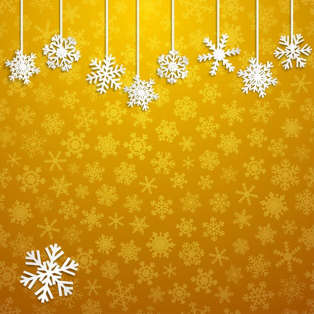 Ilustración navideña con copos de nieve colgantes blancos sobre fondo amarillo